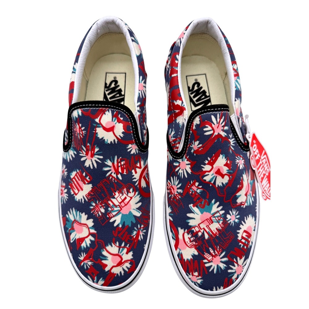 Vans Classic Slip-On Unisex Mens 8 | Women 9.5 Blue Floral Graffiti NEW Sneakers